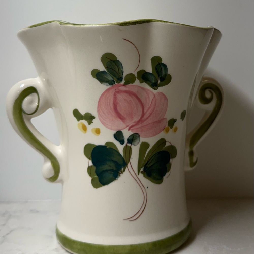 Vintage Hand-Painted Floral Ceramic Vase with Handles - Pink & Green - Picture 3 of 8